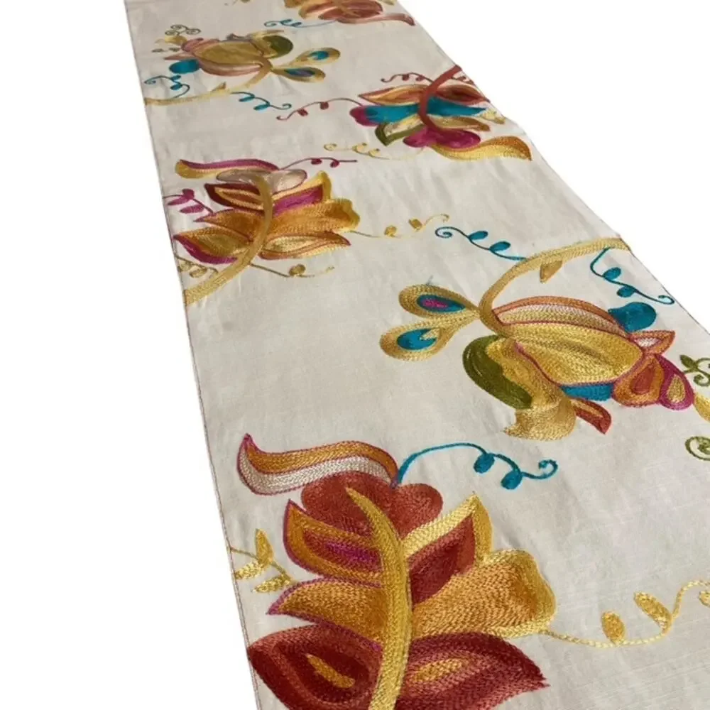 Sole Colorful Floral Embroidery w/ Stripes and Beaded Embellishment Table Runner